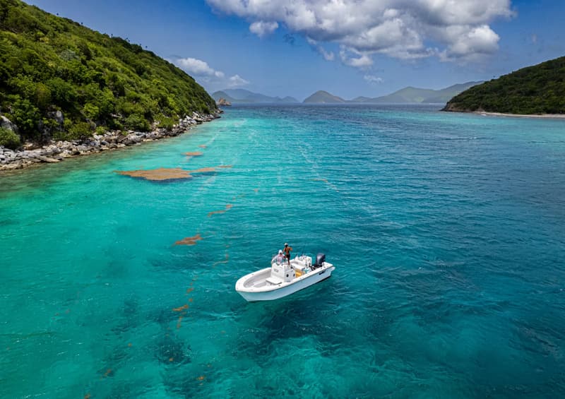 Drone view of Tail Runner Parker 21SE in turquoise St. John waters