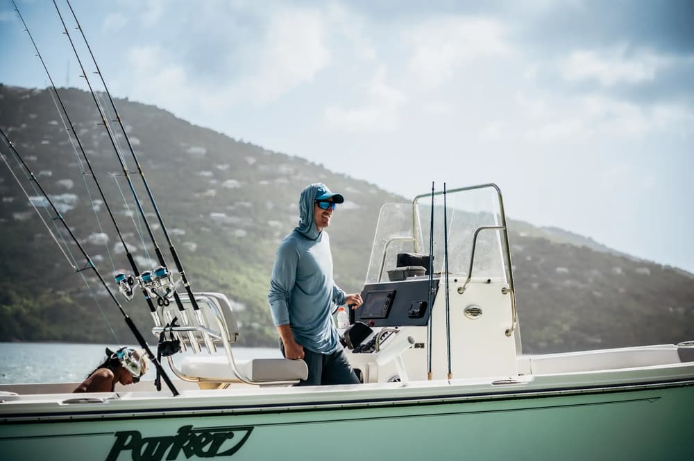 Captain Dustin at the helm of M/V Ballyhoo, St. John USVI